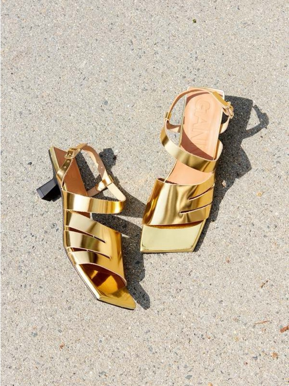 Ganni Gold Metallic Strappy Leather Heel Sandals